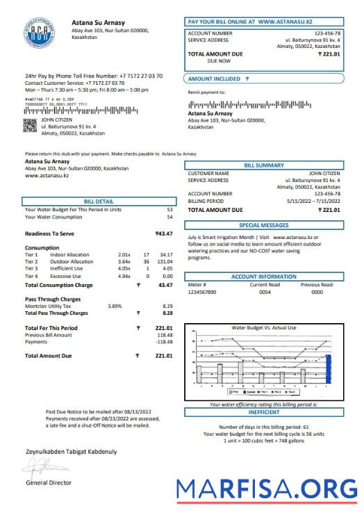 Printable Kazakhstan Astana Su Arnasy utility bill template in Word and PDF format (.doc and .pdf)